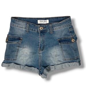 Wax Jean Medium Wash Cargo Denim Shorts High Rise Pockets